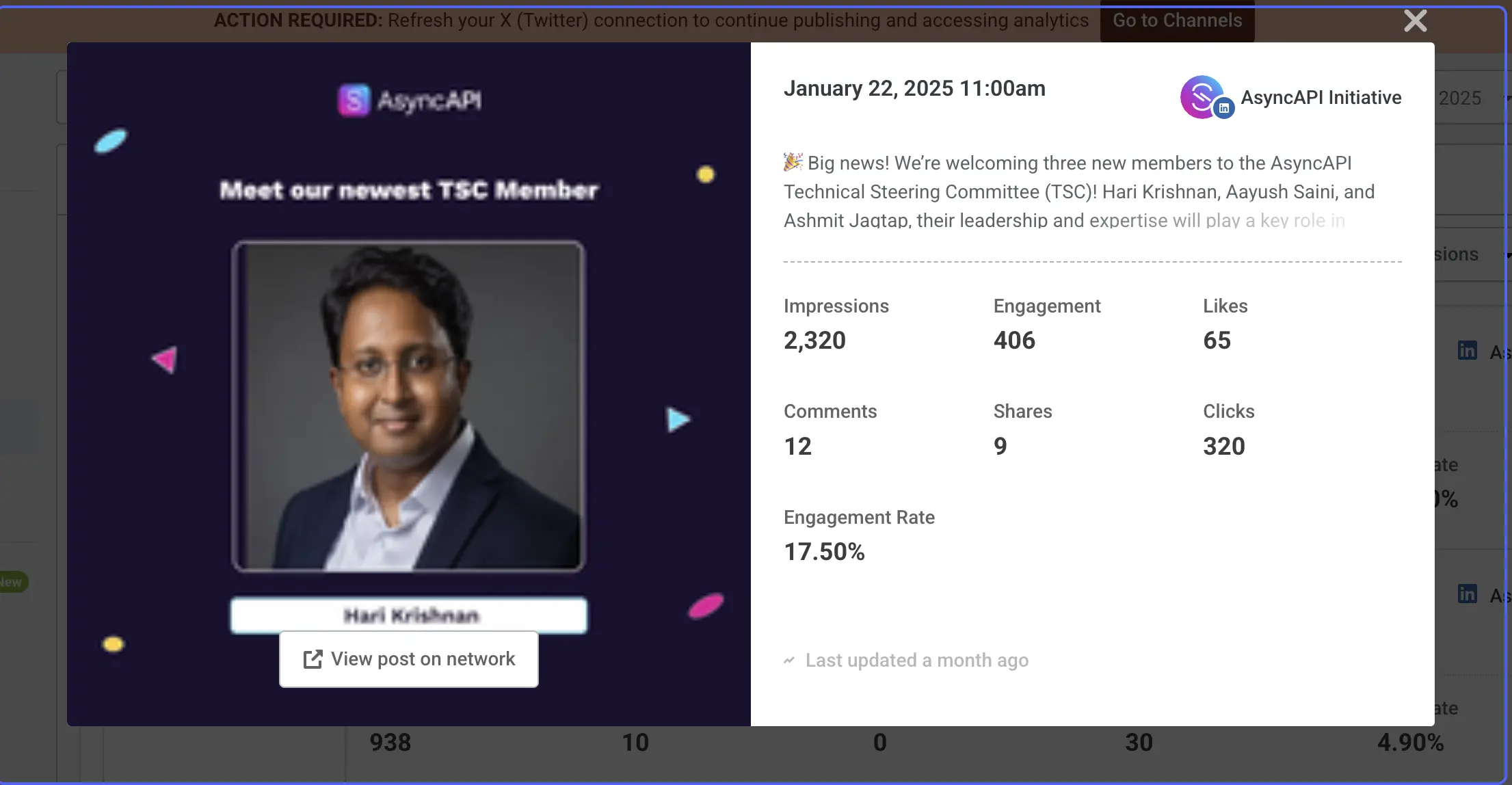 A LinkedIn announcement showing the performance details of AsyncAPI Technical Steering Committee (TSC) post
